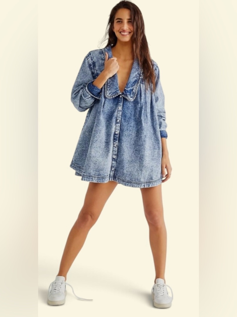 Free People Ruffle Collar Denim Swing Blouse - Lightest Indigo Blue SZ Amall